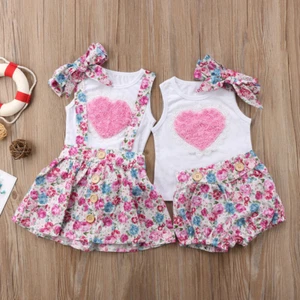 Newborn Baby Girl Clothes Floral Heart Print Romper Tops Shorts Headband Outfits - Picture 1 of 10