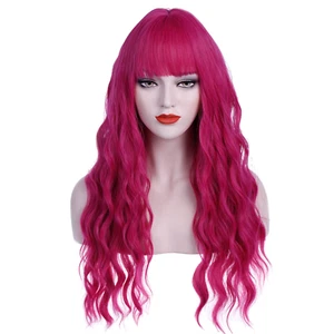 27 Inches Hot Pink Wig with Bangs Long Curly Wavy Wigs Synthetic Party Daily Wig - Picture 1 of 5