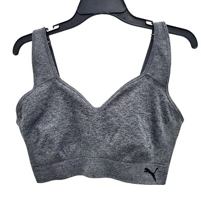 Puma Women's Gray Marled Spacedye Cat Logo Pullover Adjustable Sports Bra Sz XL - Image 1 of 4