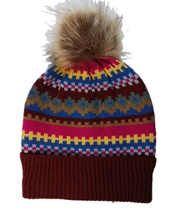 Women's Knit Beanie Burgundy Multicolor Geometric print Fur Pom-Pom One Size New - Picture 1 of 3