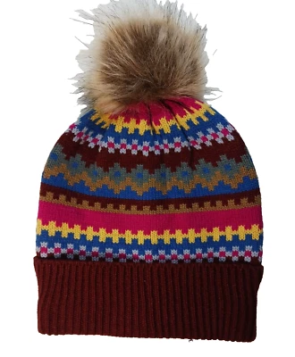 Women's Knit Beanie Burgundy Multicolor Geometric print Faux Fur Pom One Size - Image 1 of 3