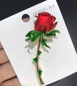 Red Enamel Rose Flower Brooch - Picture 1 of 5