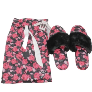 Victoria's Secret Floral Black & Red Faux Fur Fuzzy Satin House Shoes Slippers S - Picture 1 of 7