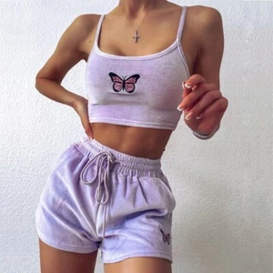 Butterfly Crop Top Shorts Set Summer Spaghetti Strap Drawstring Velvet Outfit - Bild 1 von 15