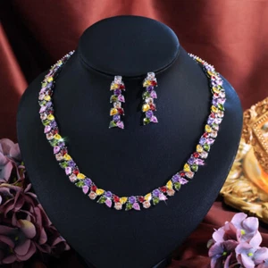 Bezaubernde bunte Regenbogen CZ Hochzeit Bankett Halskette Ohrringe Schmuck Set - Bild 1 von 7