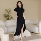 Chinese Style Stand Collar Short Sleeves Cheongsam Ruffle Asymmetric Dress Women