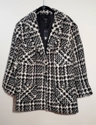 DENNIS BASSO Plaid Fringe Tweed Blazer Black Sz 26W~Pearl Academia~NWT~A392447 - Image 1 of 4