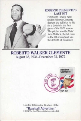 d1972 PITTSBURGH PIRATES - ROBERTO CLEMENTE - 8/171984 Postcard - San Juan, PR - Image 1 of 2