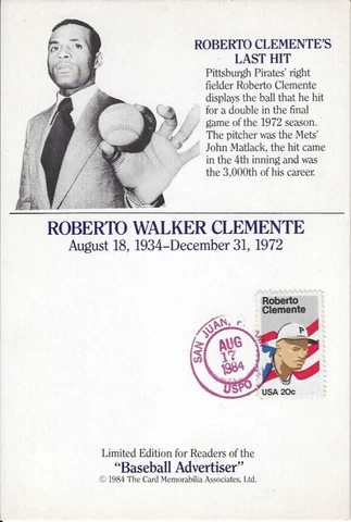 d1972 PITTSBURGH PIRATES - ROBERTO CLEMENTE - 8/171984 Postcard - San Juan, PR Cover