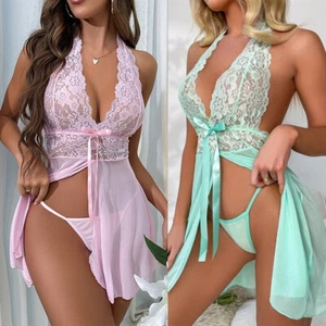 Womens Sexy Lace Babydoll Lingerie Deep V Halter Chemise Sheer Sleepwear Set US - Picture 1 of 23