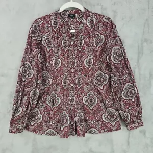 Talbots Top Womens Size PM Red Paisley Peasant Woven Cotton Pleated V-Neck - Picture 1 of 8