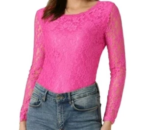 Allegra K Lace Shear Top Women's Size XSmall Long Sleeves Hot Pink - Picture 1 of 10