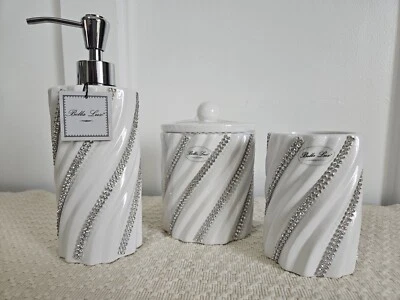 NEW 3 Pc BELLA LUX Rhinestone Ceramic White Soap Disp. Cup Jar Lid Bathroom Set - Image 1 of 4