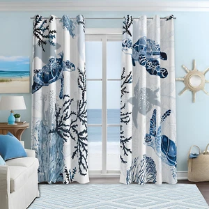 Nautical Coastal Curtains Decorative Beach Ocean Sea Turtle Coral 50% Light Bloc - Picture 1 of 8