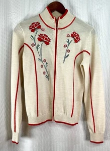 Cabela’s Cream Merino Wool Blend Full Zip Floral Women’s Sweater Small - Picture 1 of 9