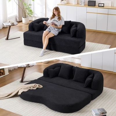 2-in-1 Foldable Sofa Bed, 70" Boneless Sleeper w/ 4 Pillows, Black - Image 1 of 4
