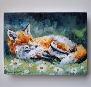Oil Painting of Fox Resting in Field of Daisies, Wildlife Original Painting 6x8" - Picture 1 of 8