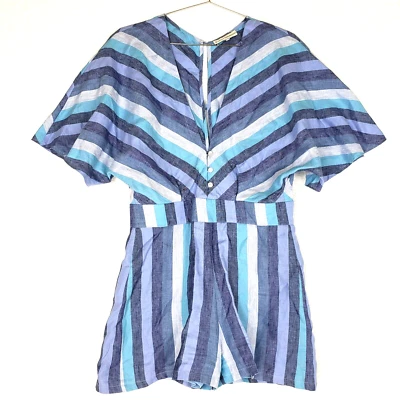 Romper listrado de linho Karina Grimaldi Revolve tamanho M? Shorts femininos azuis com zíper - Imagem 1 de 4