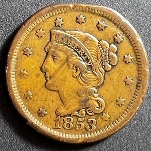 1853 GEFLOCHTENES HAAR GROSSER CENT ~ SCHOKOBRAUN ~ SS ~ FLACHER RAND BEI 12 UHR - Bild 1 von 2