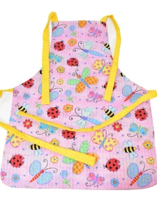 PINK LADYBUGS/BUTTERFLIES WITH YELLOW STRING CHILD'S APRON 17" X 13" HANDMADE - Picture 1 of 3