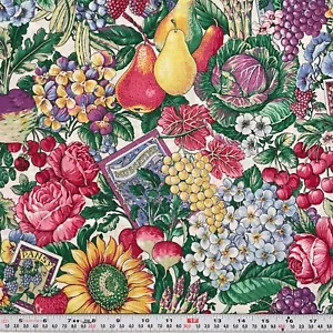 Vintage Joan Kessler Fruits Veggies Florals Seeds White Cotton Remnant 15" x 42" - Picture 1 of 2