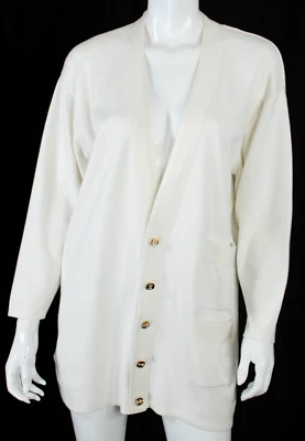 SALVATORE FERRAGAMO Vintage White Cotton Knit Logo Button Cardigan Sweater L - Image 1 of 4