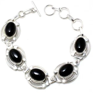 Black Onyx Gemstone Handmade 925 Sterling Silver Jewelry Bracelet Sz 7-8" - Picture 1 of 1