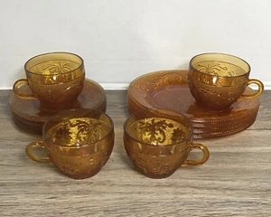 Vintage 1960s Amber Indiana Tiara 4 Coffee Cups/Saucers & 4 Dessert Cup Plates - Picture 1 of 8