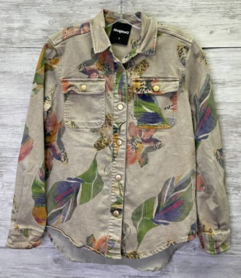 Disigual Jacket Womens S Tan Floral Leopard Snap Button Shacket - Image 1 of 4