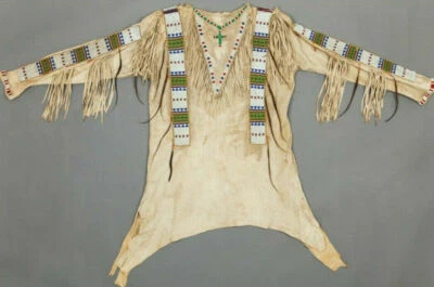 Western Wear American Native Suede Leather Fringes & Beads Work War Shirt - Image 1 of 2