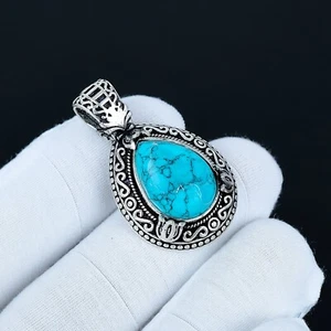 Natural Turquoise Gemstone Handmade 925 Sterling Silver Jewelry Pendant - Picture 1 of 4