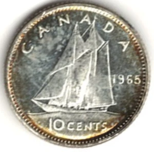 Diez centavos de plata Canadá 1965 ~ superficies similares a prueba ~ ver el escaneo stkPL-105 - Imagen 1 de 4