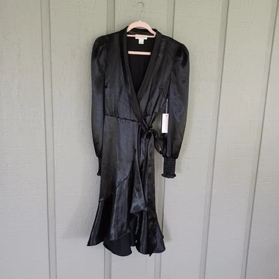 Vestido envolvente de satén Rachel Parcell talla S para mujer fiesta cóctel manga larga en negro Foto 1 de 4