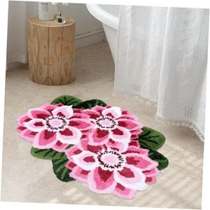 Pink Floral Area Rug Shaggy Bath Mat Flower Shaped Rug Anti-Slip Mat 3-Flower - Picture 1 of 8