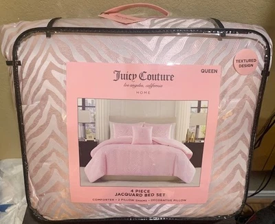 Juicy Couture Pink Tiger Stripe Jacquard QUEEN 4pc Set Comforter,2 Shams,Pillow - Image 1 of 4