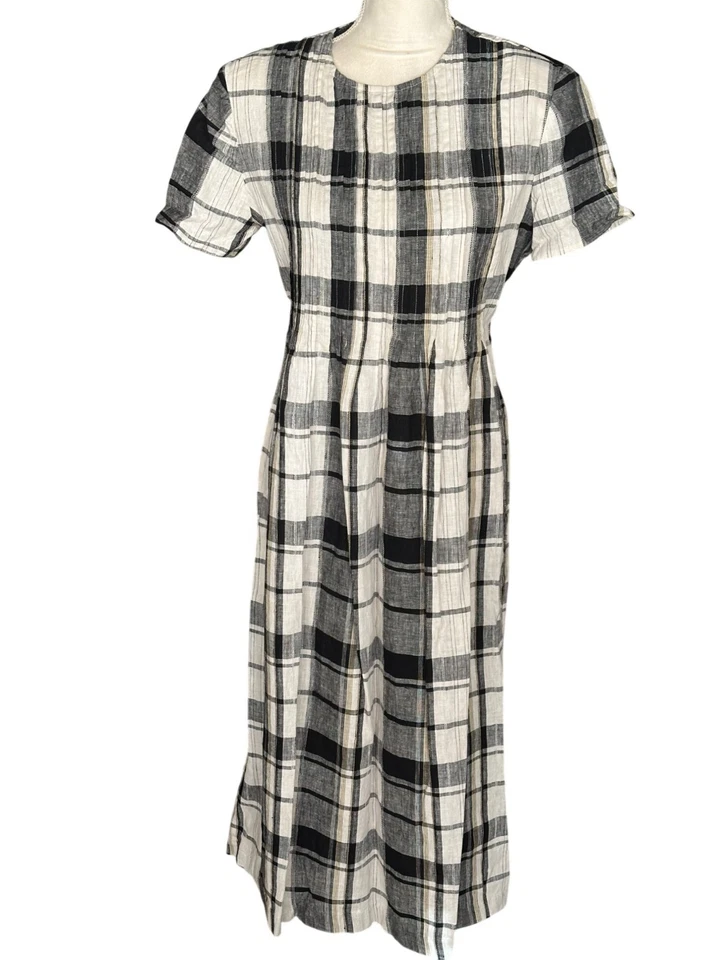 Vintage Black & White Plaid Dress Short Sleeve Midi Cotton Blend Back Tie Sz 14 - Image 1 of 4