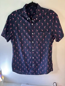 J Crew Pink Flamingos Navy Blue Short Sleeve Button Down Shirt Medium SLIM Men’s - Picture 1 of 5