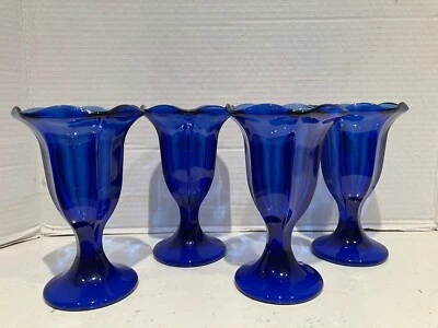 VTG SET/4 PEDESTAL ICE CREAM SUNDAE GLASS DESSERT, COBALT BLUE  6" X3.5" - Image 1 of 4