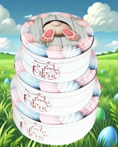 Juego de 3 latas de galletas latas de pastelería conejo redondo práctico huevos de Pascua dulces  - Imagen 1 de 7