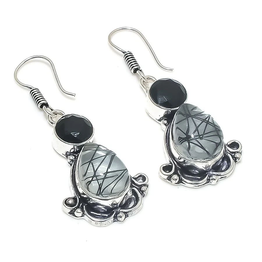 Pendiente de plata de ley 925 hecho a mano con piedras preciosas de cuarzo rutilado tamaño 1,95"" Foto 1 de 1