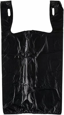 Bags 1/6 Large 21 x 6.5 x 11.5 BLACK T-Shirt Plastic Grocery Shopping Bags F&S - Image 1 of 2