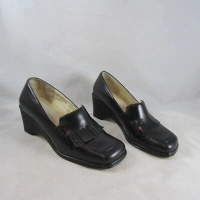 Bisou Bisou Laila Leather Loafers Wedge Heels Fringed Trim Black Shoes Size 7 M - Image 1 of 4