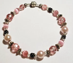 Pink Moonglow Crystal Pearl Bead Silver tone 8" Bracelet Magnet Clasp - Picture 1 of 4