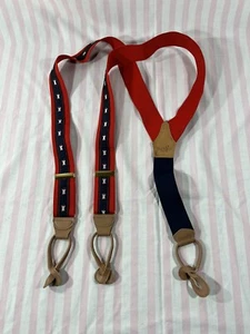 Vintage Warden Brooks New York Leather Braces Suspenders red blue apple - Picture 1 of 6