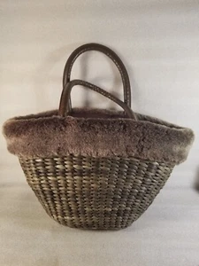 Bath Body Works Tote Bag Purse Brown Wicker Rattan Faux Fur Spacious Lined - Picture 1 of 8
