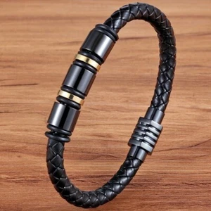 Men's Genuine Leather Handmade Bracelet Wristband With Magnetic Clasp - Picture 1 of 6