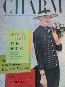1955 Charm Magazine portada SOLO mujer moda negro primavera traje sombrero de paja - Imagen 1 de 1