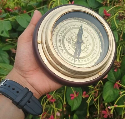 Nautical Brass Navigational Magnetic 6" Desk Compass Wooden Round Base - Image 1 of 4