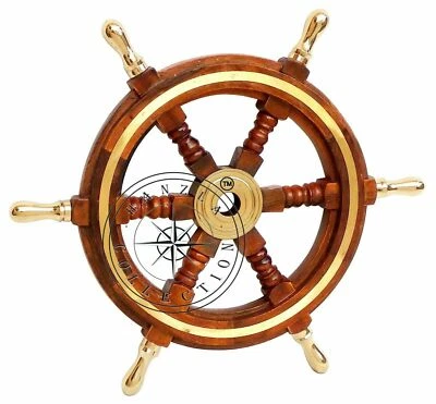Vintage Style 18" Brass & Wood Ship Wheel Helm Nautical Home Decor Boat Steering - Image 1 of 4