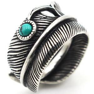 Vintage Men's Ring Stainless Steel Angel Feather Biker Ring Turquoise Inlaid New